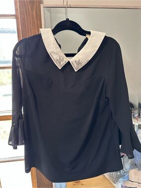 Faith and Joy Black Blouse with Embellished White Peter Pan Collar